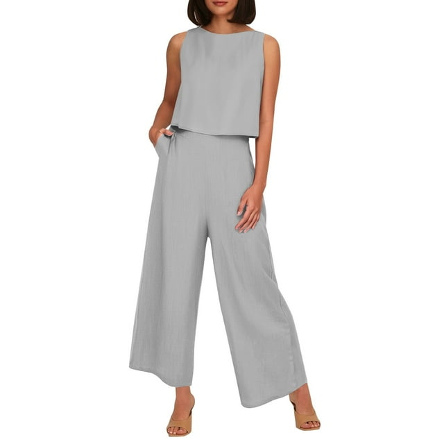 Conjunto de dos piezas de lino liso para mujer: chaleco sin mangas y pantalones de cintura alta y pierna ancha, bolsillos laterales, ropa informal de verano - Tallas S-XXXXL