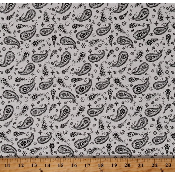 Cotton Paisleys Flowers Floral Black and White Paradox Cotton Fabric Print by the Yard (1780-01)