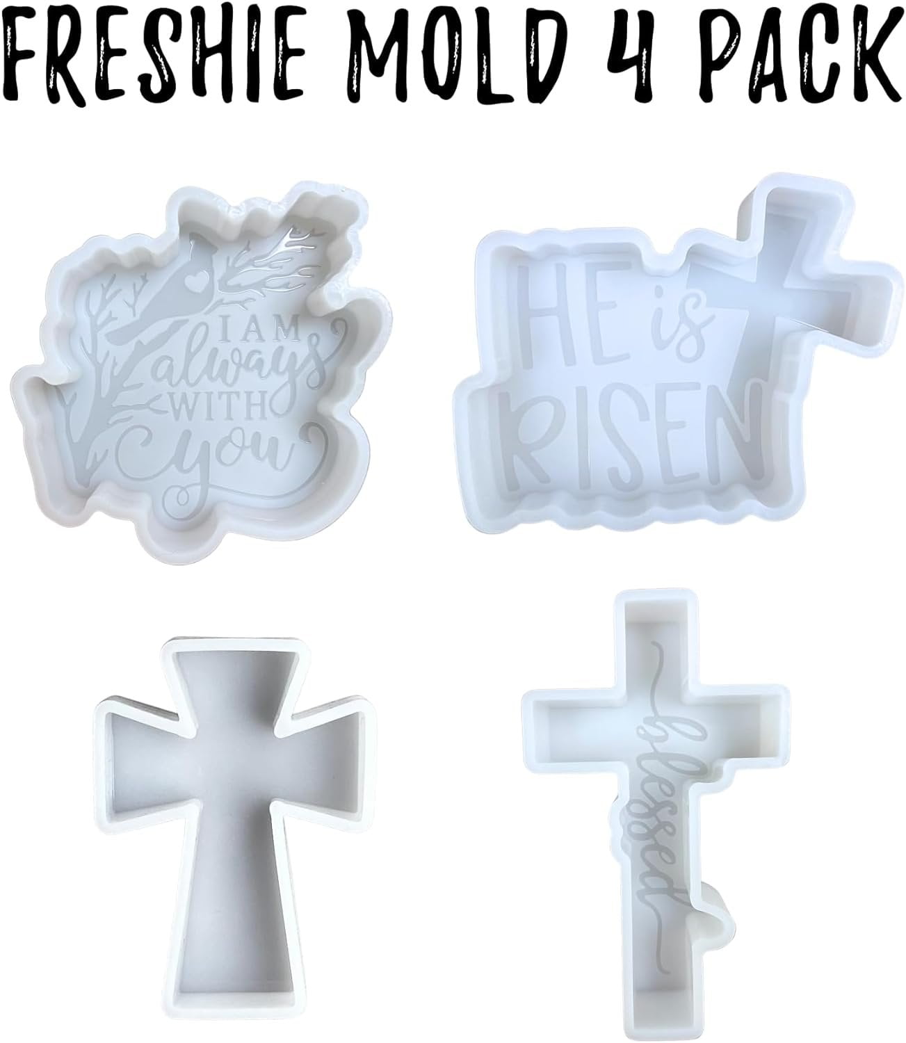 Christian Jesus Religious Car Freshie Silicone Molds  Bulk 4 pk Car Freshener Scented Aroma Bead Oven Safe 450 F He is Risen, Cross, Blessed, I Am Always with You Cardinal