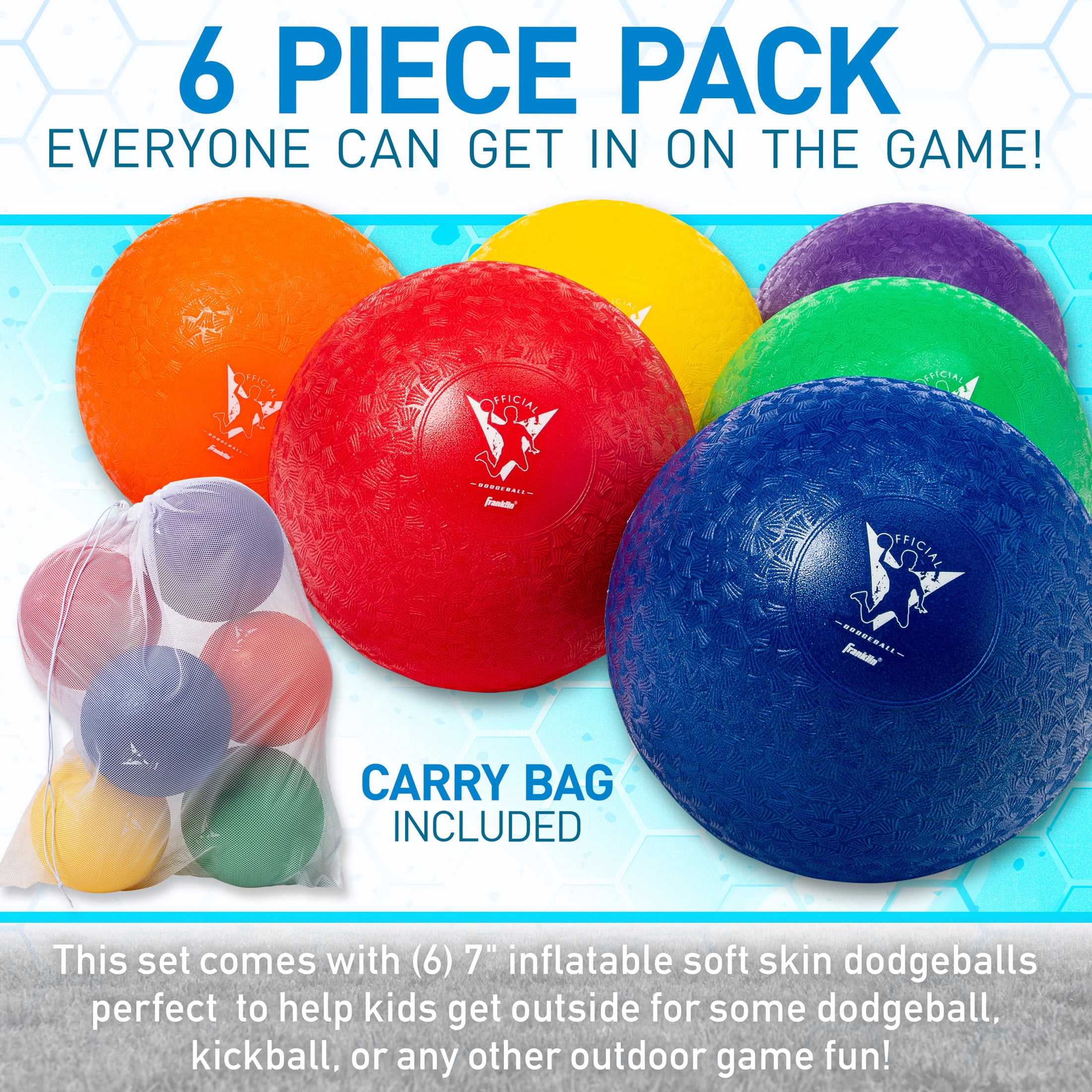 Franklin Sports Kids Dodgeballs - 6 Pack of 7 inches Inflatable Playground Balls for Kickball, Dodgeball and More - Soft Cover - Pump and Carry Bag Included