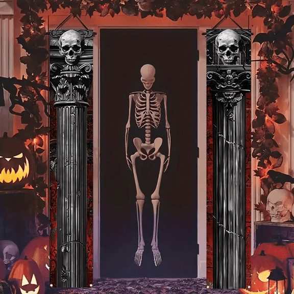 2 pieces, 2D Flat Halloween and the Day of the Dead atmosphere porch hanging logo decorative banner, skull pattern Halloween couplets, festival home hanging flag, suitable for front door, courtyard,