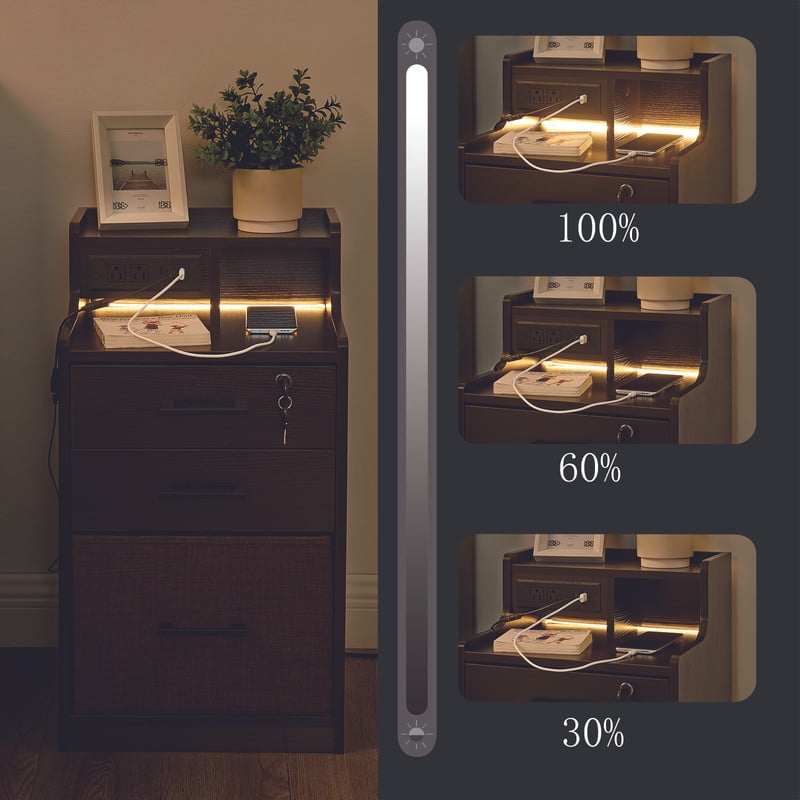 Utopia Alley 2 Drawer LED Nightstand, Night Stand with Fast Charging, 3 USB Ports and 2 Power Outlets, Bedside Table with Open Shelf, 29 inch Nightstand with Lock for Bedroom, Espresso Color