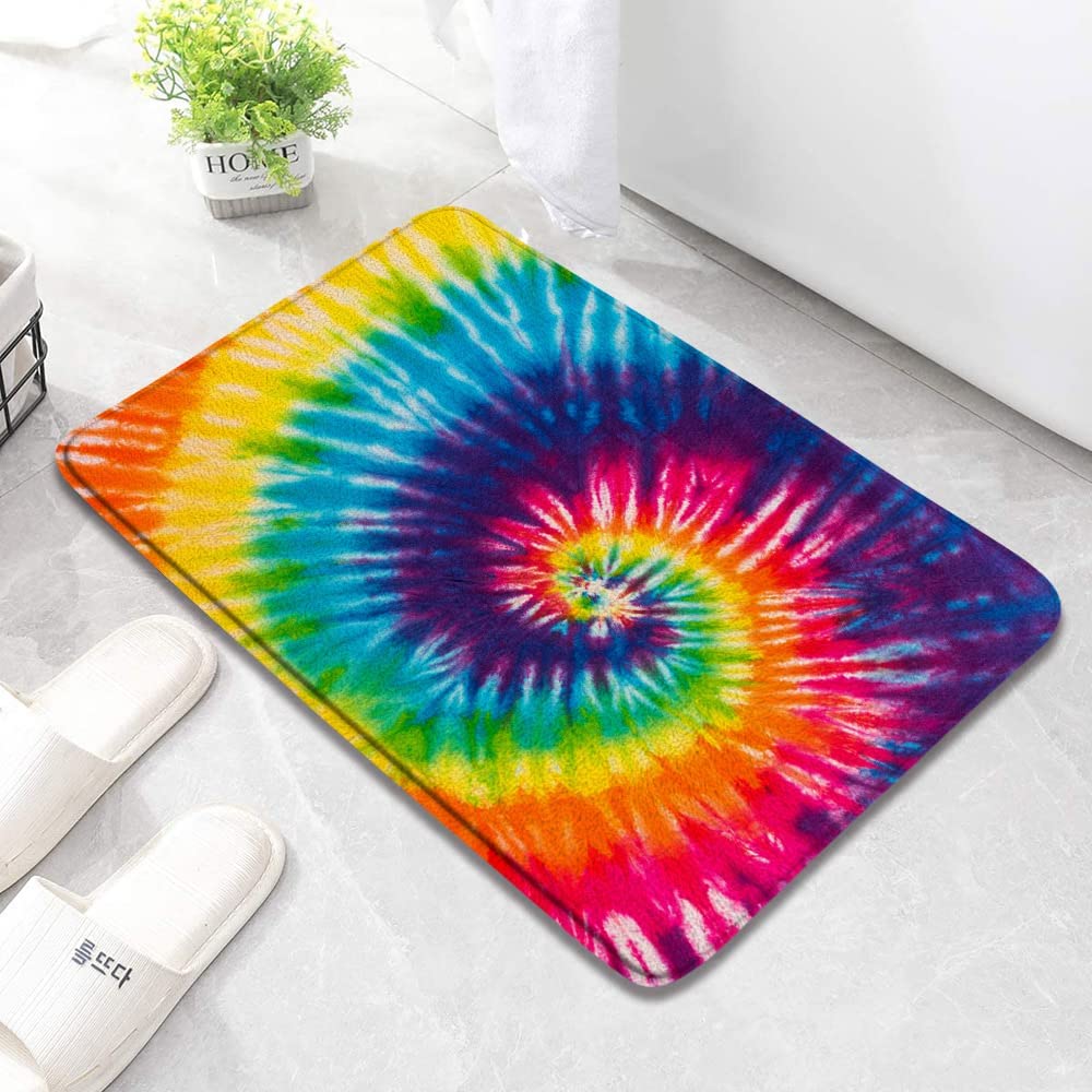 Rainbow Tie Dye Bath Mats for Bathroom Psychedelic Colorful Boho Vintage Mandala Abstract Geometric Hippie Watercolor Memory Foam Flannel Bath Floor Rugs for Kitchen Bathtub Laundry 23.6 x 15.7 Inch