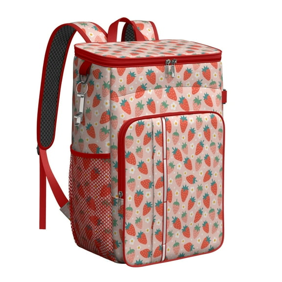 Travel Cooler Bag - Pink Strawberry Plants Fruit Camping Beer Cooler Backpack with Bottle Opener- Waterproof Insulated Picnic Backpacks - Cooler Bag for Beach