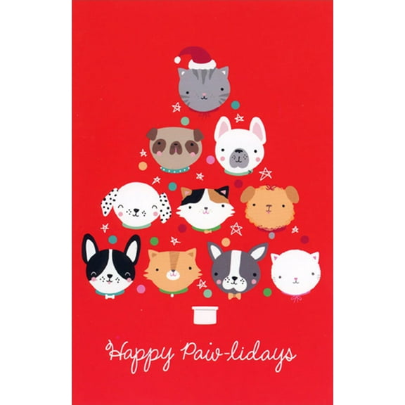 American Greetings Happy Paw-lidays Tree : Cute Cat and Dog Faces Box of 12 Christmas Cards