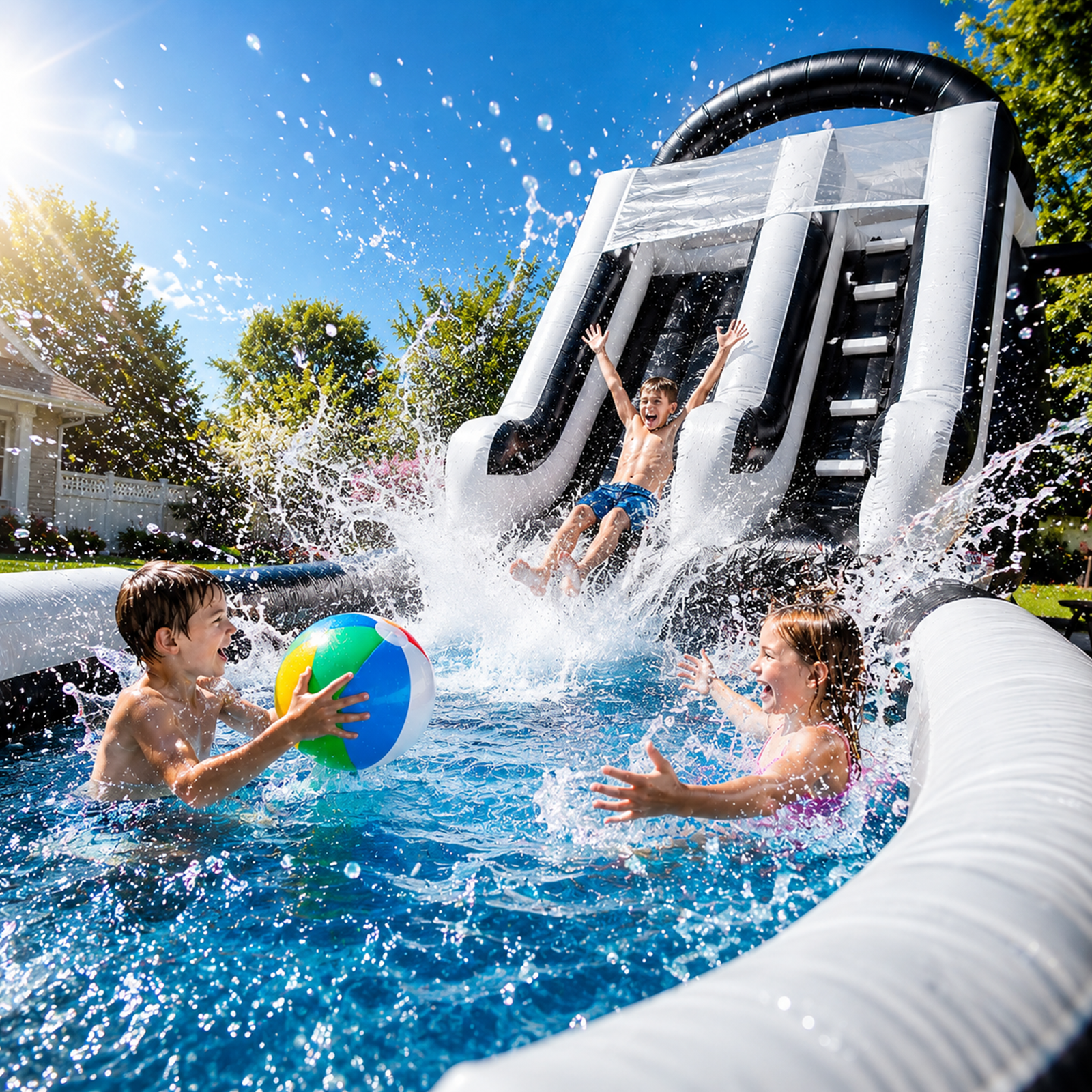 Vakiorn Commercial Water Slide 248.03x106.3x114.17 inch PVC Inflatable Pool with Blower Wet Dry Use Black