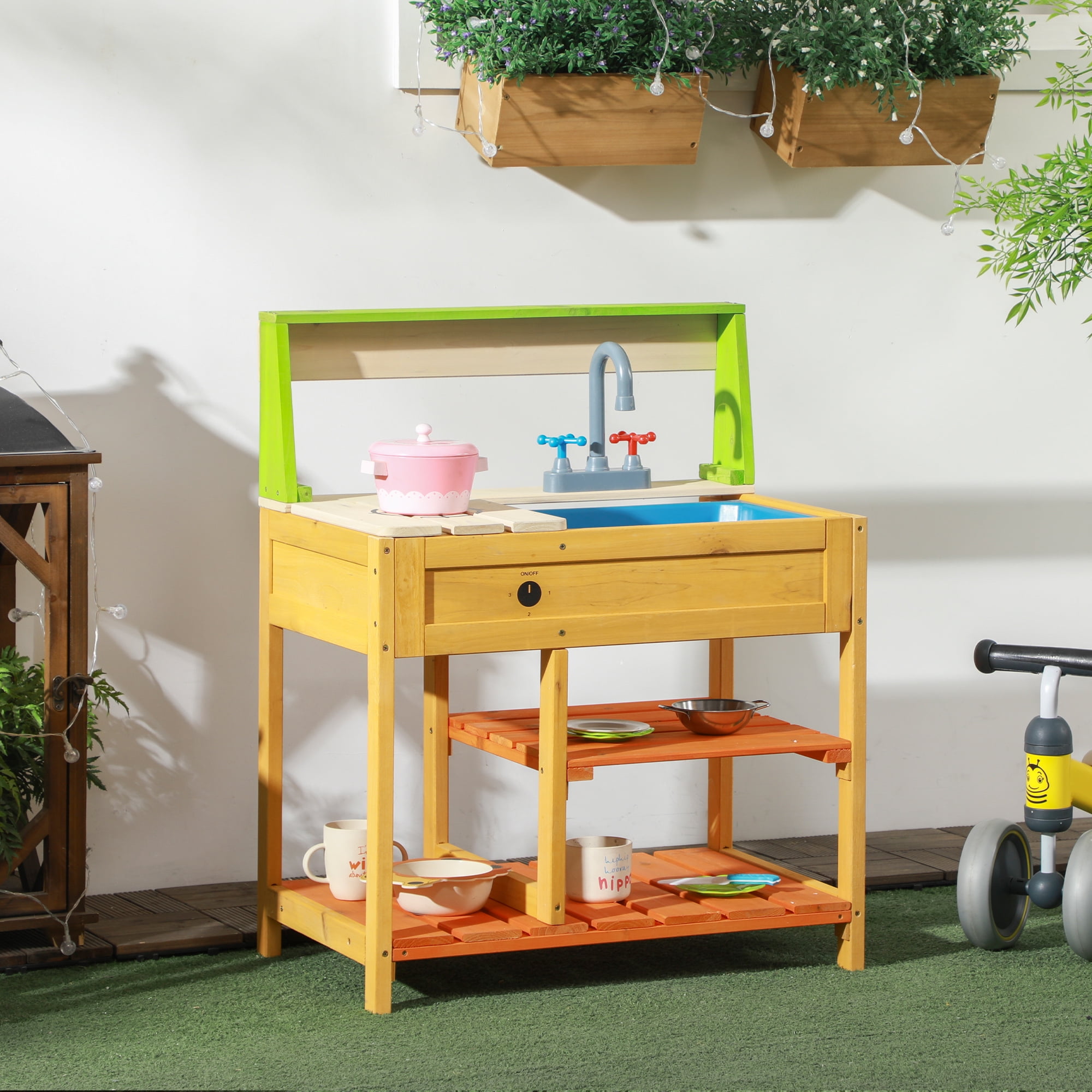 Mud Kitchen Outdoor Kitchen Playset for Kids Wooden with Realistic Play Kitchen Toys, Faucet & Sink, Storage Shelves, Gift for Boys Girls Aged 3-8 Years Old