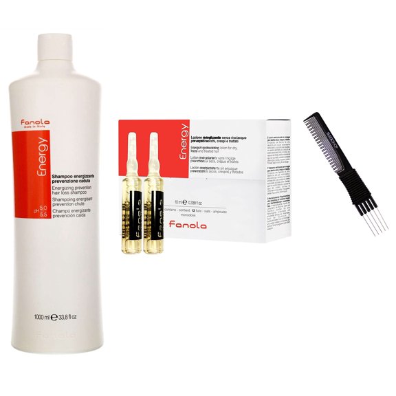 Fanola ENERGY Shampoo & Energizing Prevention Lotion for Hair Loss, Weak or Limp Hair Duo Set Kit (w/ SLEEKSHOP Premium Carbon Teasing Comb) (Shampoo (33.8 oz) Lotion (12 vials))