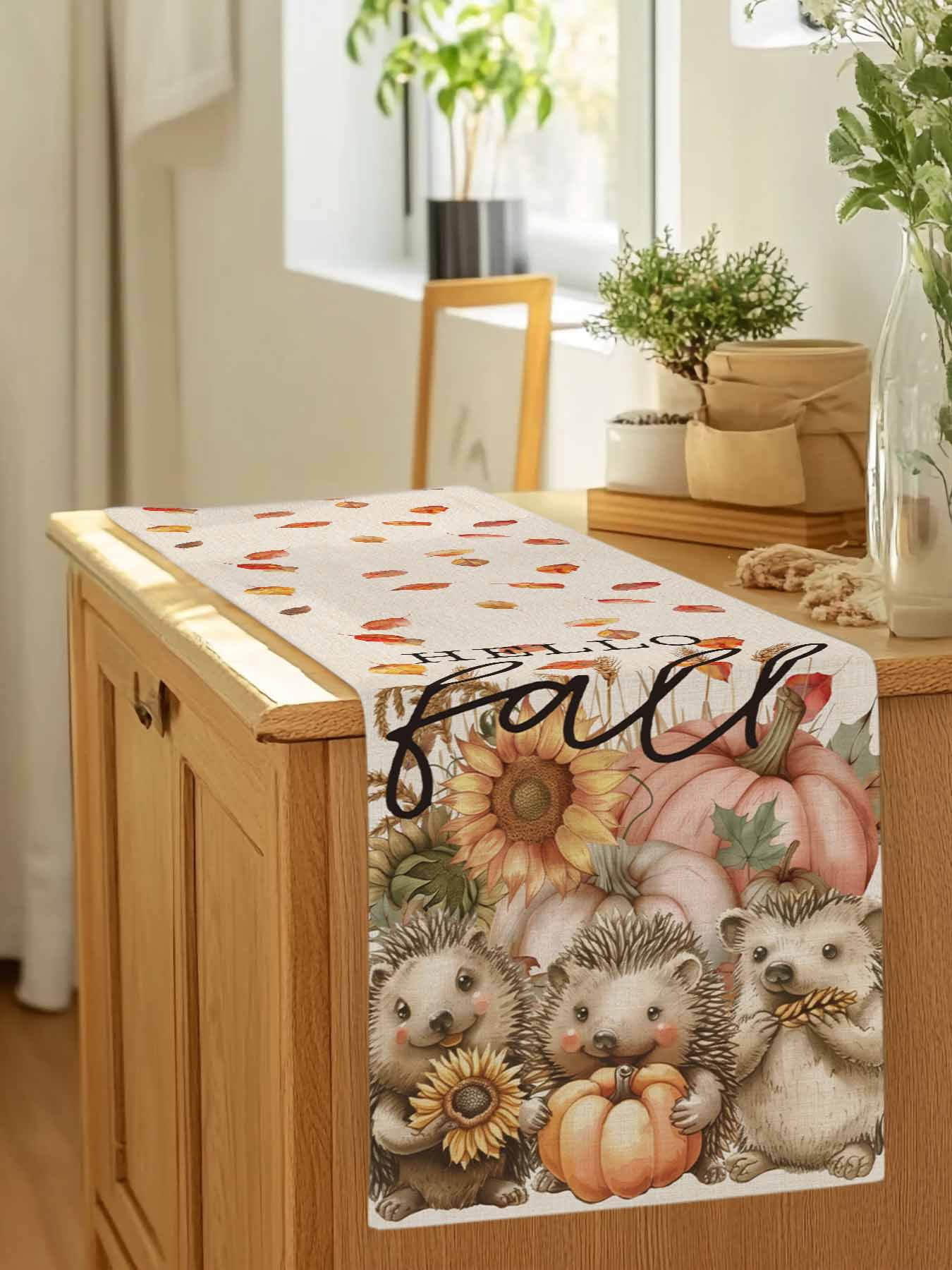 Fall Thanksgiving Hedgehog Pumpkin Table Runner 90 Inches Long, Sunflower Leaves on Flax Table Runners Tabletop Scarf Kitchen Dining Tables Decoration for Home Party Indoor Outdoor