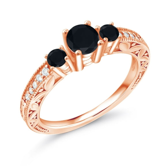 Gem Stone King 0.81 Ct Round Black Onyx 18K Rose Gold Plated Silver Ring (Size 6)