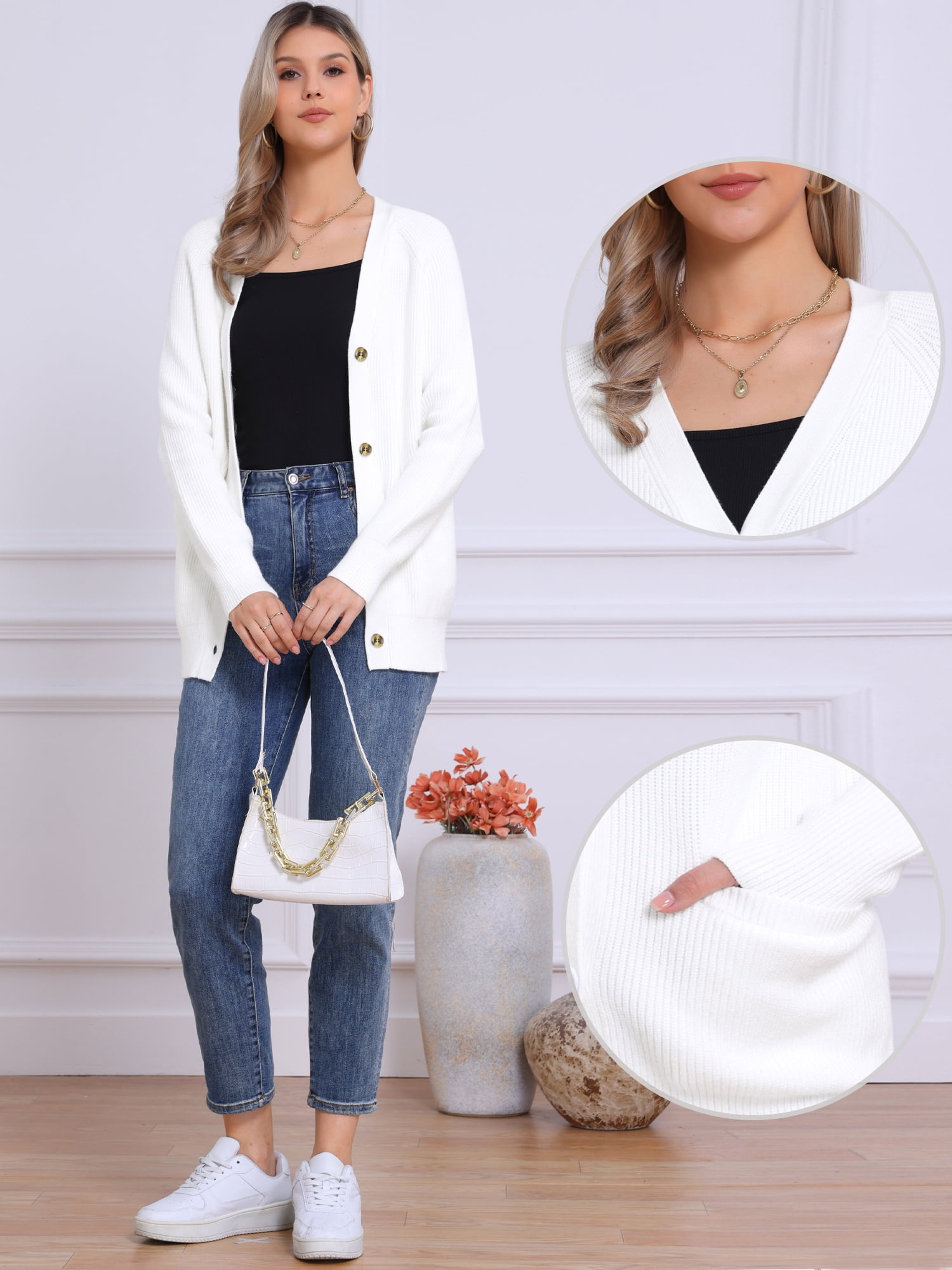 DARING DIVA Women's Open Front Button Down Cardigan Sweaters S White