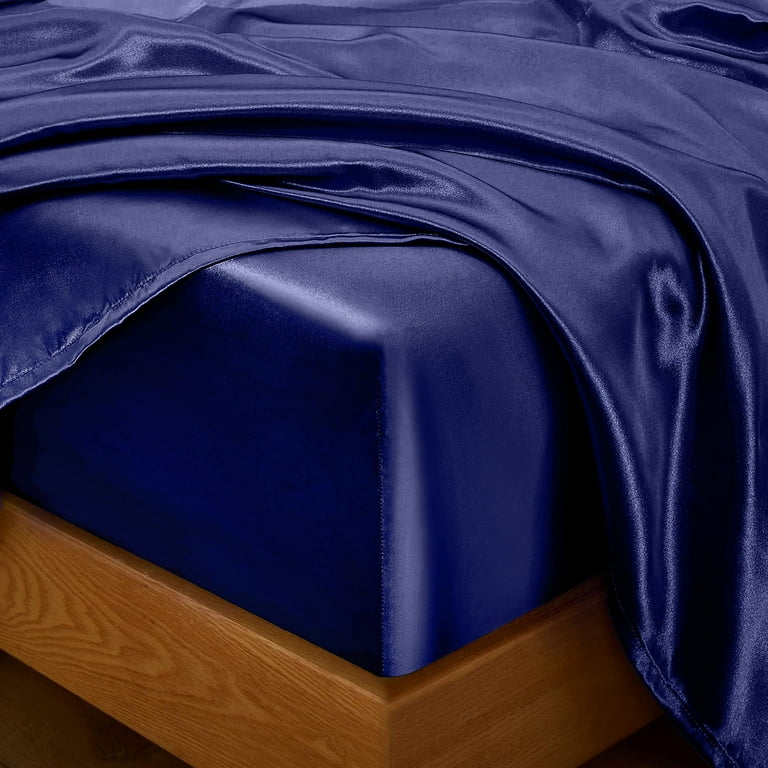 Seasonwood Twin Size Sheet Set Satin Sheets Navy Blue Microfiber