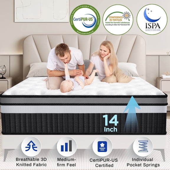 Qvamodo 14in Queen Mattress Gel Memory Foam Mattress in a Box, Pocket Spring Hybrid Mattress, Medium Firm, White