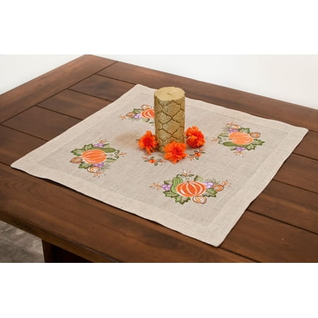 Fall Embroidered Pumpkin on Beige Polyester Blend Linen with Border Hem and Fall Flowers (23 & 33 SQ)