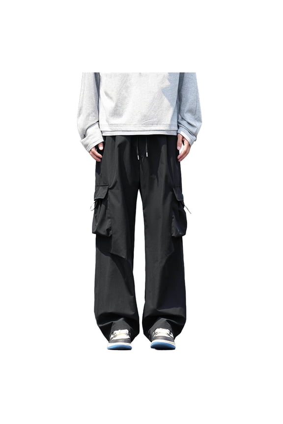 Men's Solid Wide Leg Cargo Pants, Elastic Drawstring Waist, Large Cargo Pockets, Loose Fit Streetwear Trousers Black M
