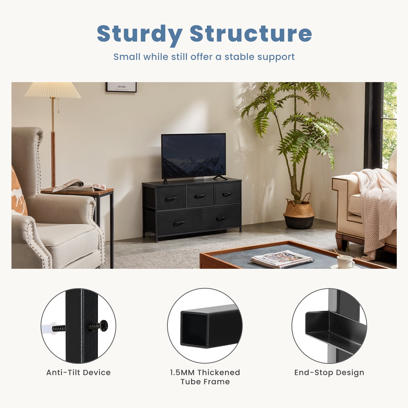 CONCETTA Dresser 5 Fabric Storage Drawer Dresser, TV Stand, Chest of Drawers for Bedroom, Closet, Entryway, Living Room, Black