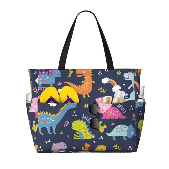 PAYOHTO Colorful Cute Kawaii Kids Dinosaurs Large Beach Tote Bags for Womens Mens Sandproof Swim Pool Bag with Zipper for Travel Vacation