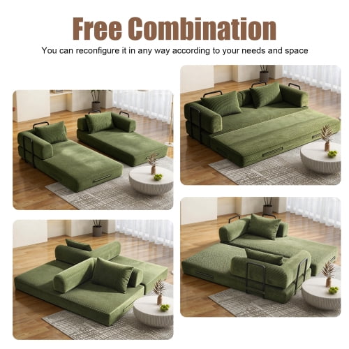 78" Corduroy Convertible Sleeper Sofa Bed, Boneless Futon Couch Floor Lounger Loveseat with Pull Out Mattress, Green