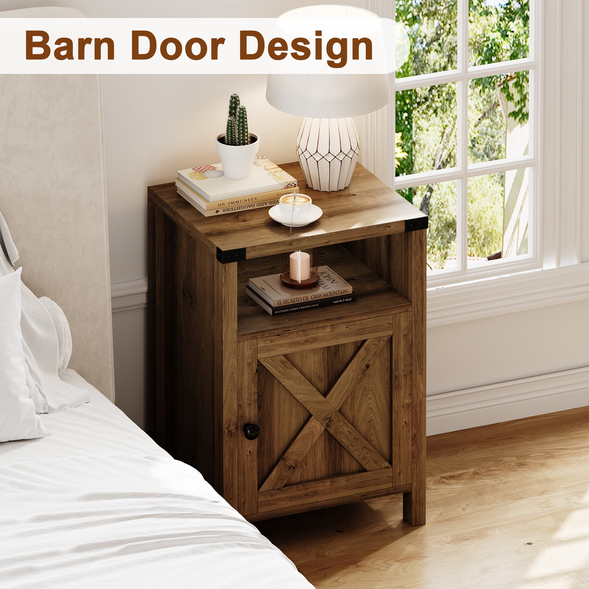 4 EVER WINNER Farmhouse Single Barn Door Side Table, Rustic Oak Storage End Table, Industrial Accent Table for Living Room Areas
