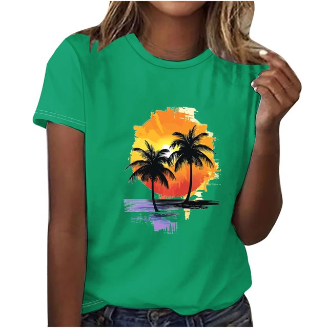 Tops de Manga Corta de Algodón para Mujeres, Moda Impresa Cuello Redondo Blusa Casual para el Hogar Y el Uso Diario