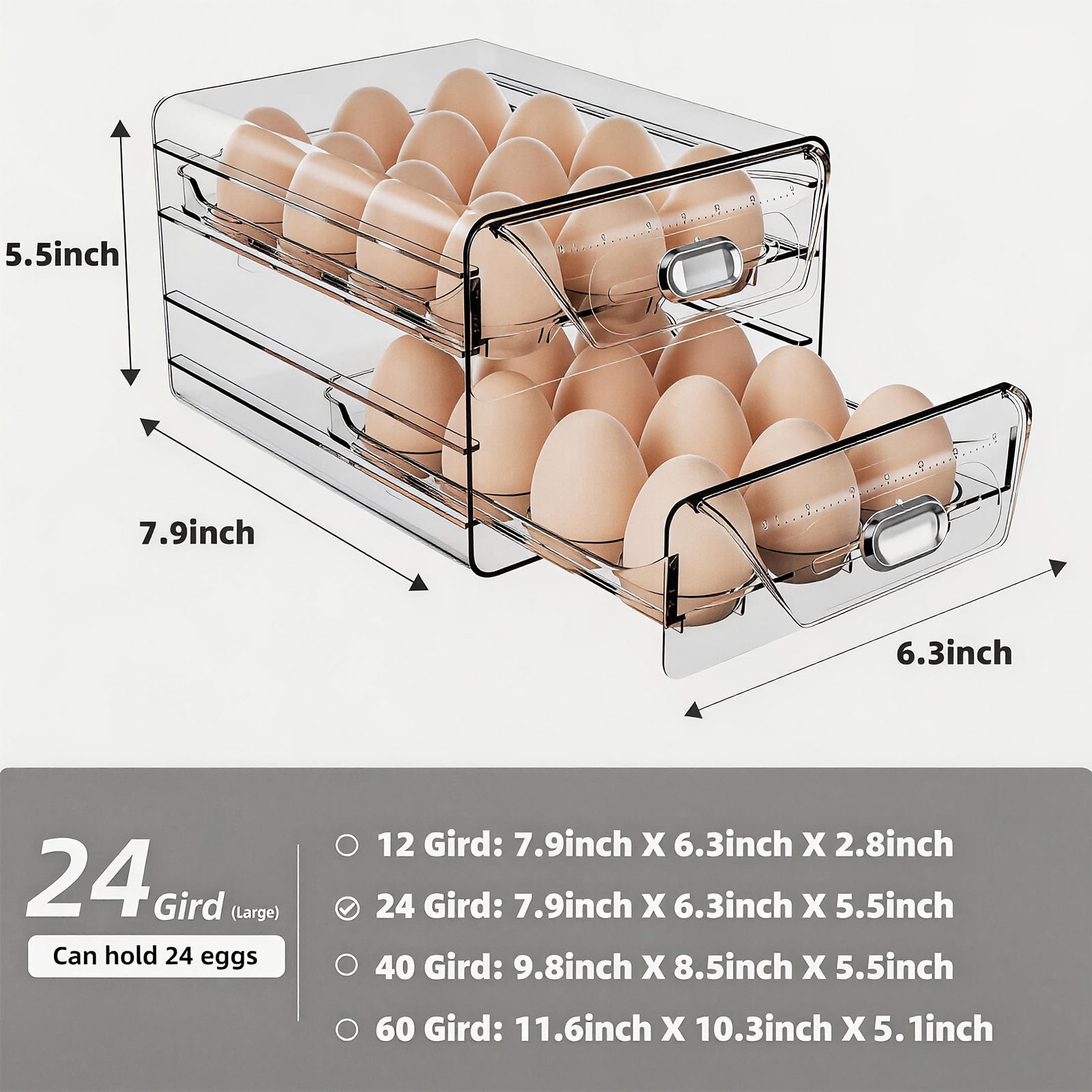 HIYOHIYO Clear 24 Grid Egg Storage for Refrigerator with Drawers, Time Scale Marking, Large Capacity, 2 Layer