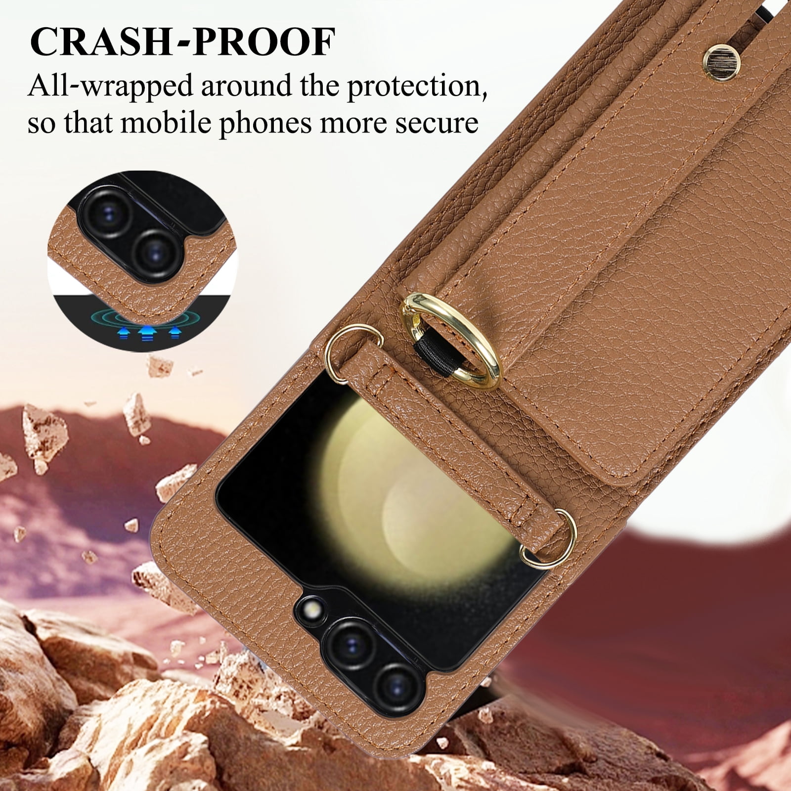 Dteck for Samsung Galaxy Z Flip 6 Wallet Case with Card Holder, Crossbody Wallet Case for Galaxy Z Flip6 5G with Hand Strap and Hinge Protection, Carrying Handbag Phone Case for Women Girls,Brown
