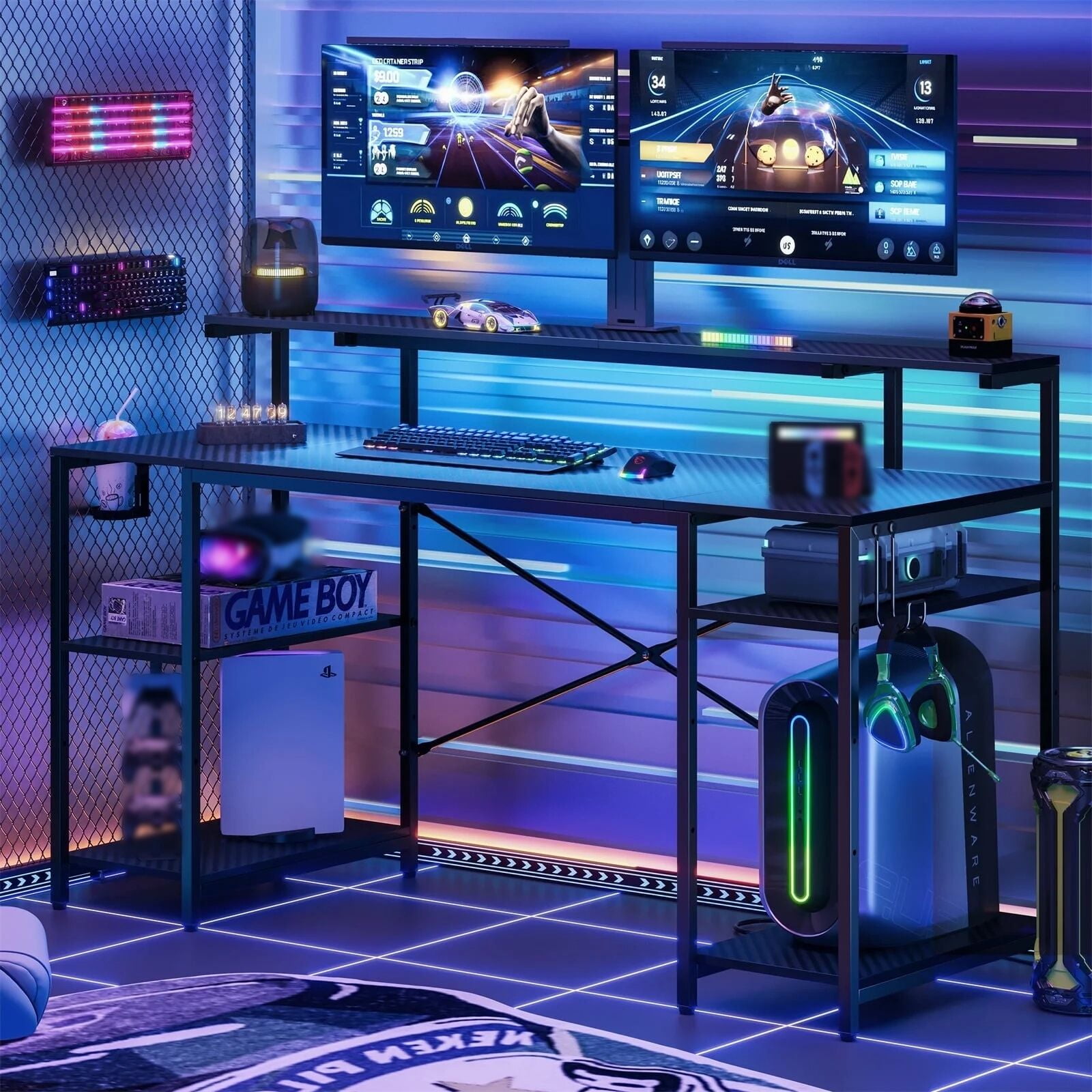 Bestier 55" Gaming Desk with LED Light  & Monitor Stand Computer Desk Corner Desk for Home Office, Black Carbon Fiber