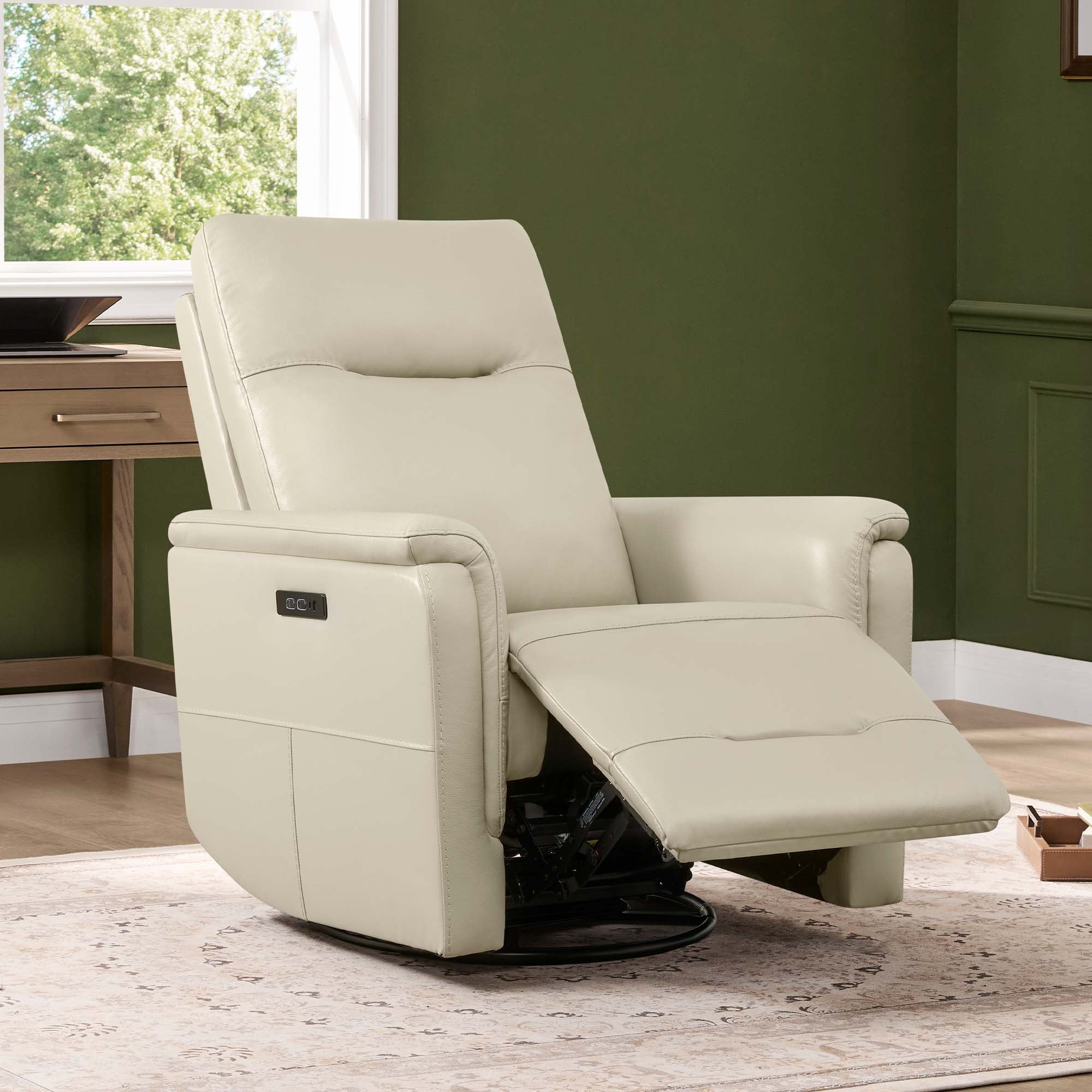 Spruce & Spring Genuine Leather Dual Motor Swivel Glider Recliner Chair, Light Grey