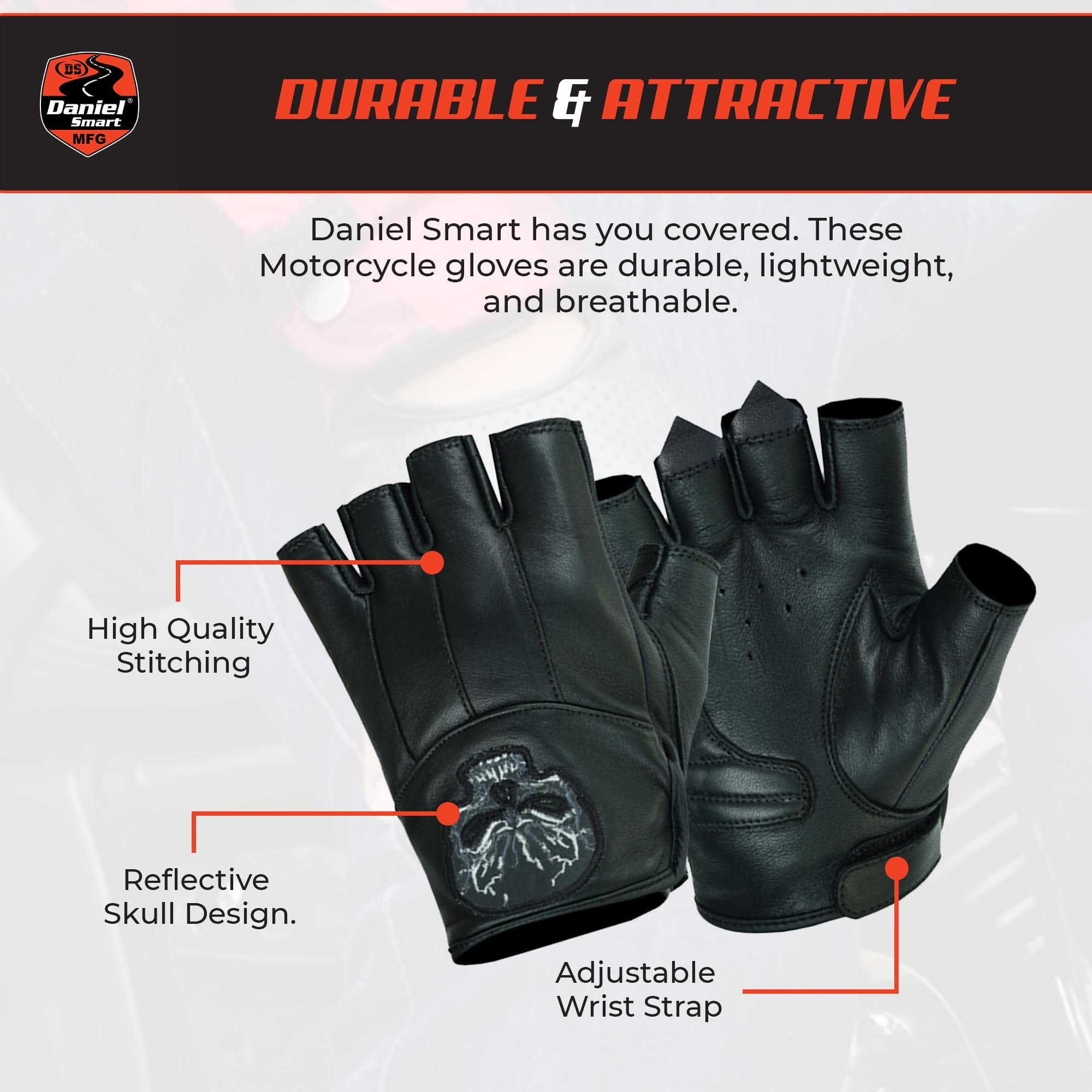 Daniel Smart Men’s Leather Gloves- Goatskin Leather- Fingerless Motorcycle Gloves with Reflective Skull Design and Gel Palm