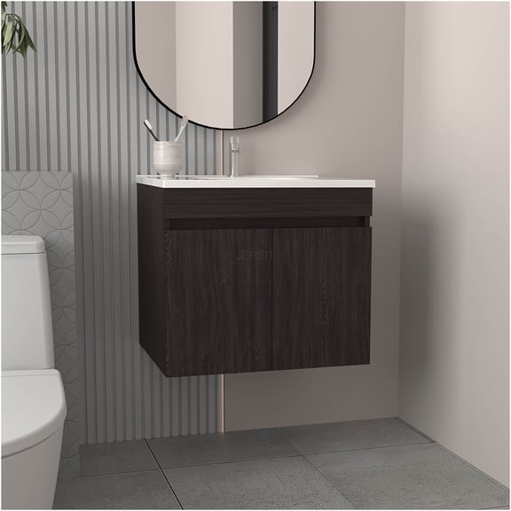 JERFIT 24 inch Bathroom Vanity with Sink, Modern 2-Door Storage Cabinet with 2 Shelves, Black Engineered Wood for Small Space