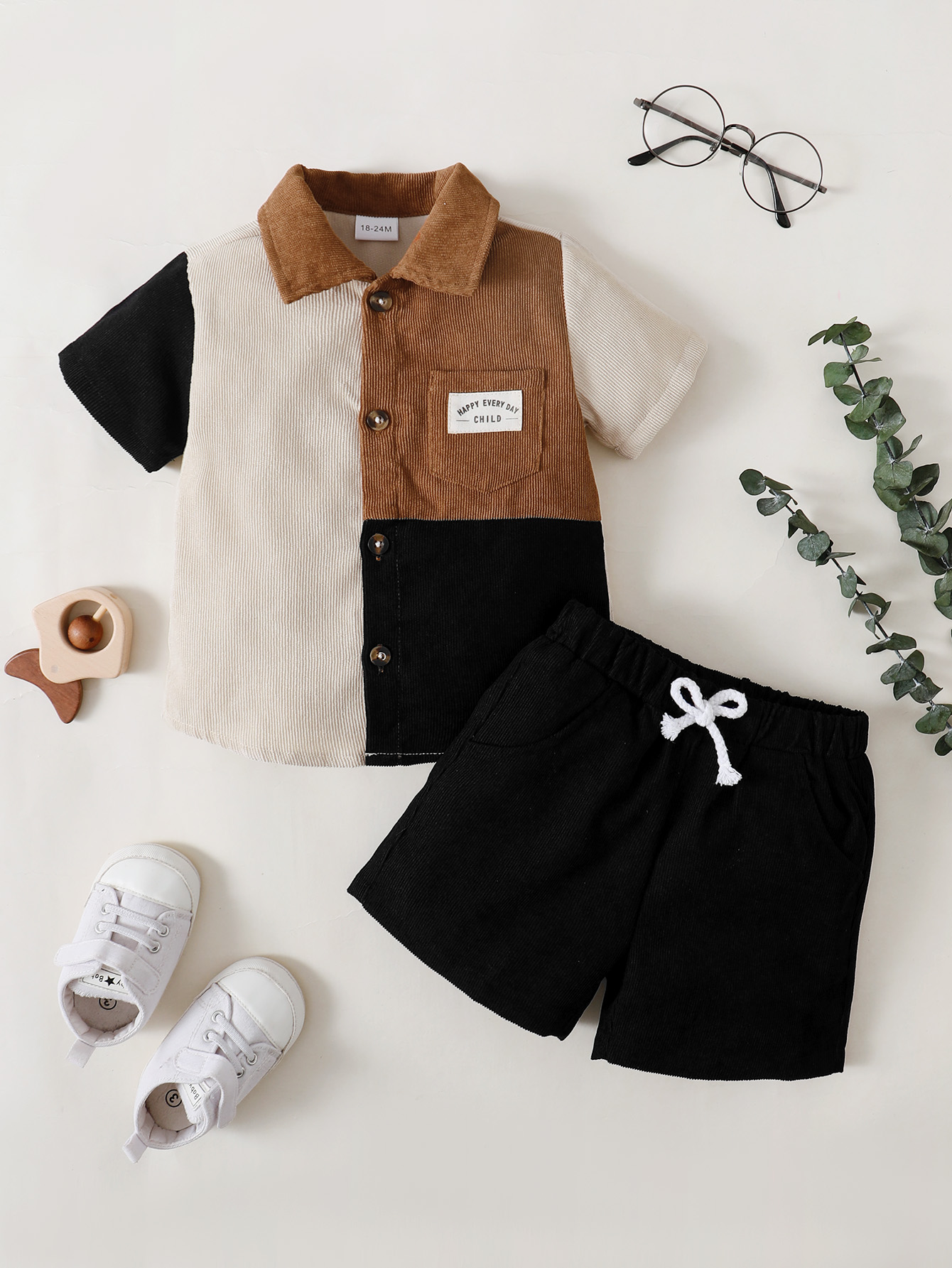 Little Boys Clothes OOTD Summer 5 Years Boys Splice Pocket 6 Years Boys Turn-down Collar Shirt Elastic Shorts 2Pcs Preschool Outfits Black