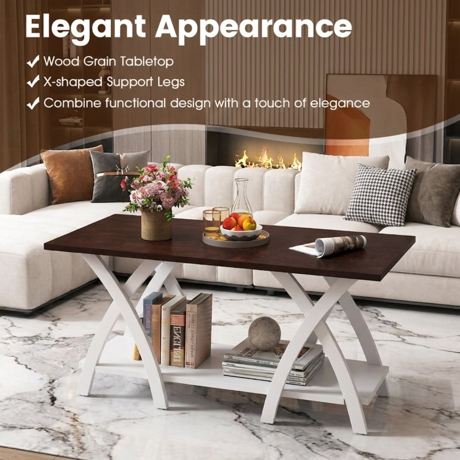 Furnibear 40 Inch Farmhouse Wooden 2-Tier Coffee Table with Storage Shelf for Living Room - Walnut - Living Room Cocktail Center Table