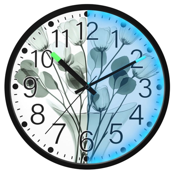 Ryvnso Green Tulips Flowers 12 Inch Night Light Wall Clock Silent Battery Operated Luminous Clocks
