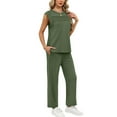 thumbnail image 5 of 2 Piece Sets for Women Summer Lounge Sets Travel Vacation Outfits Cap Sleeve Sweatsuit Wide Leg Pants Army Green S, 5 of 6