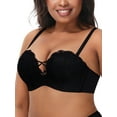 thumbnail image 2 of Deyllo Women's Push Up Strapless Bra Plus Size Wireless Lace Multi-Way Convertible Straps Padded Support Bra,Black 38C, 2 of 5