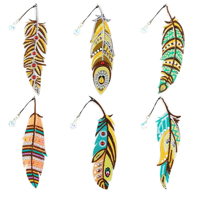 Marcapáginas con forma de pluma con pintura de diamante, colgante de cristal, diamante redondo, forma especial, diamante acrílico engrosado, pegatina de un solo lado, color de diamante en caja