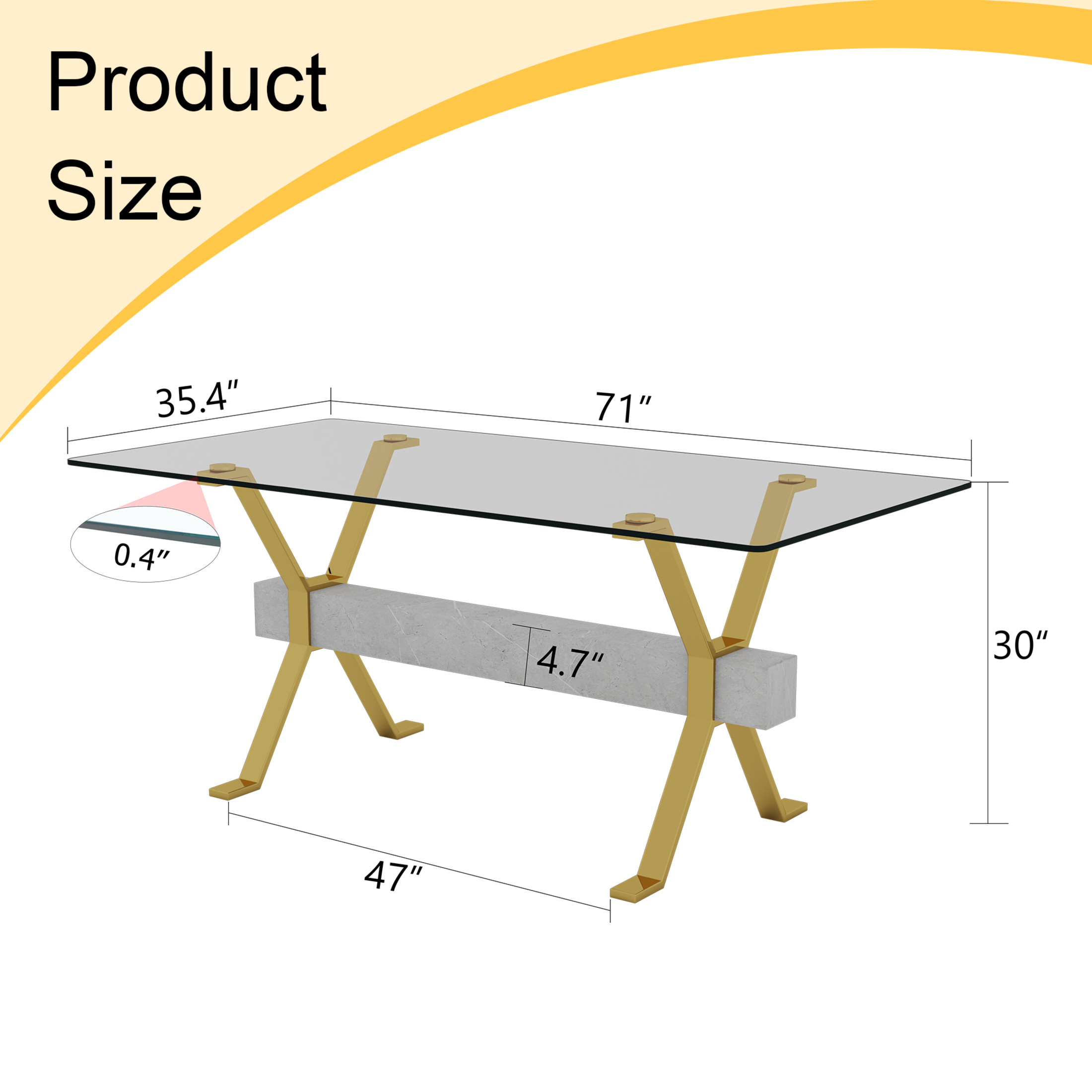 Noble House Modern Dining Table, Tempered Glass Top, X-Shaped Gold Metal Legs, Gray MDF Beam for Home Office, Clear