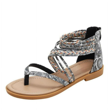 

Women s Flat Sandals Summer Beach Sandal T-Strap Rhinestone Beaded Bohemia Shoes Ankle Strap Roman Shoes