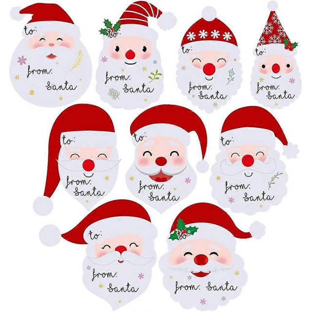 KAIYANG 8 hojas de 72 piezas de pegatinas para etiquetas navideñas, pegatinas para etiquetas con nombres, en diseños variados de Papá Noel con una linda sonrisa para envolver regalos festivos y fiesta
