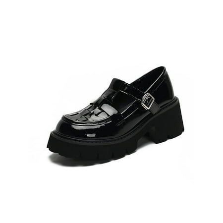 

Woobling Ladies Casual Platform Dress Shoe Work Retro Slip On Loafers School Comfort Dress Shoe Black 5.5