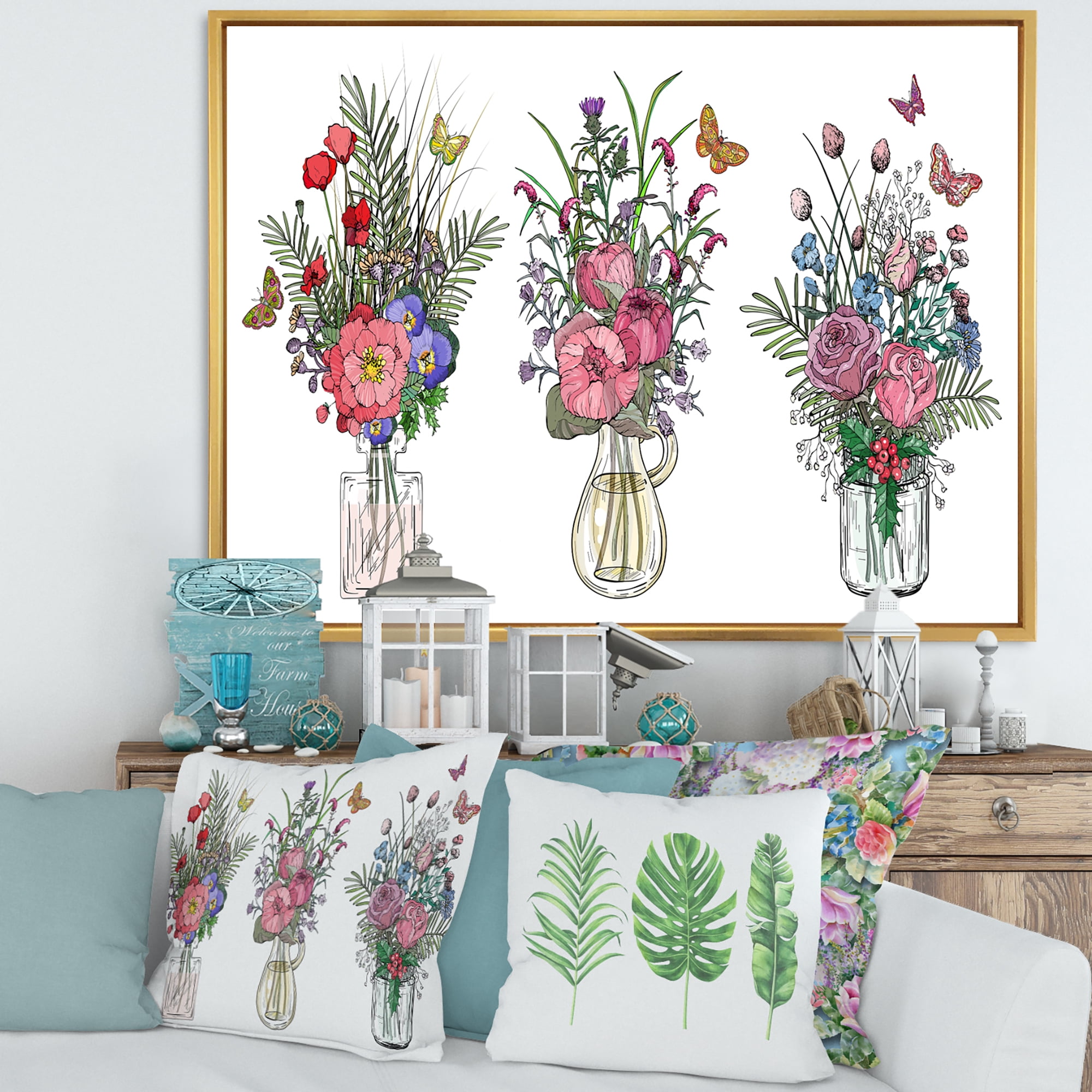 Designart 'Transparent Vases With Bouquets of Wildflowers II' Farmhouse Framed Canvas Wall Art Print