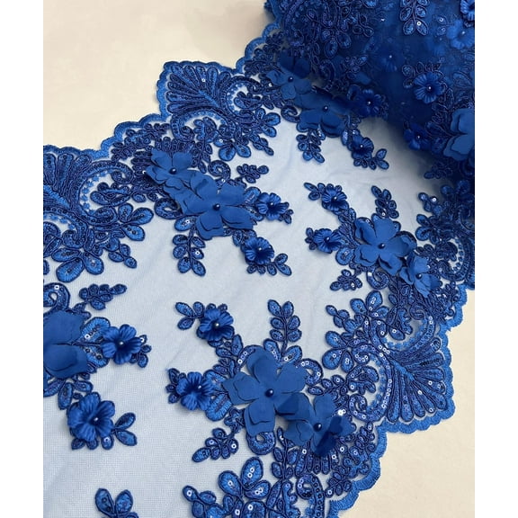 1 Yard (Royal Blue) 13" Wide Lace Table Runner 3D Embroidered Lace Table Runner for wedding party decoration, Beaded Trim Lace, Long Table Runner Mesh Roll