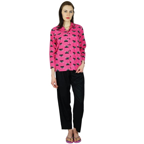 Bimba Womens PJ custom Night Wear Pyjamas Sets Ladies Cat Print Pink & Black