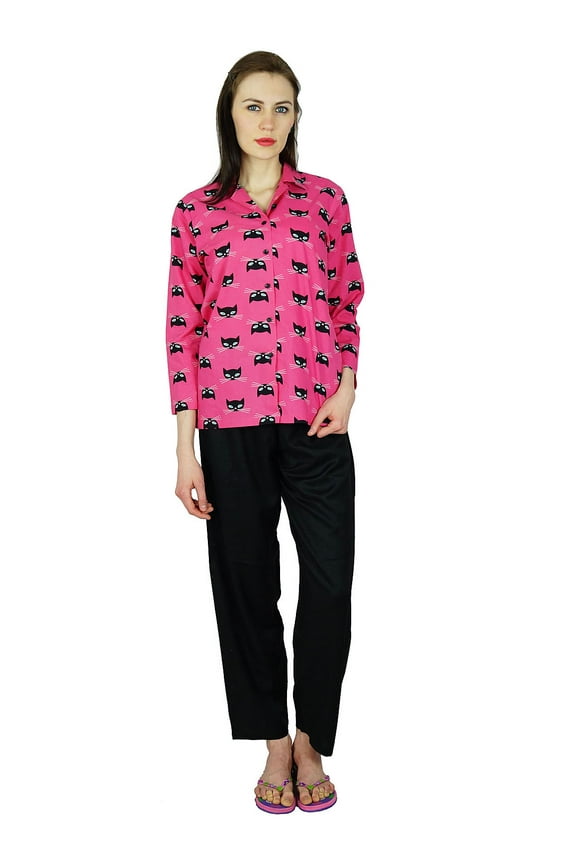 Womens Traditional PJ custom Pyjama Set Night Wear Pyjamas Sets Ladies Cat Print Pink & Black
