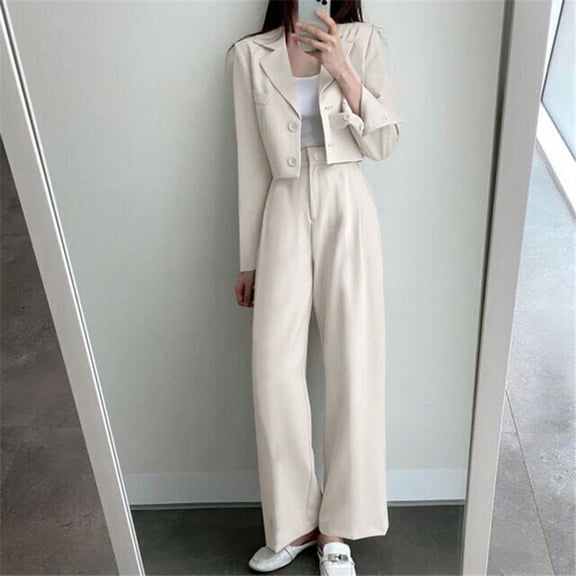 Jalioing Suit Sets for Women Office Outfits Lapel Open Front Blazer High Rise Straight Palazzo Pants Elegant Suits (X-Large, White)