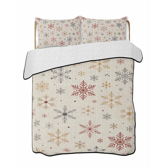 Quilt King Size Bedding Set, Christmas Snowflakes Reversible Summer Quilt 3 Pieces, Xmas Snowy Winter Beige Lightweight Bedspreads Coverlets with 2 Pillow Shams for All Seasons