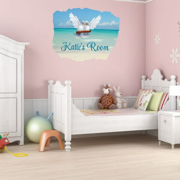 Animal Watercolor Custom Name Wall Decals for Kids Room - White Doves Sea Beach Ocean Bakcground Nature Personalized Bedroom Wall Sticker Water Color Style - Size: 10 In x 8 In