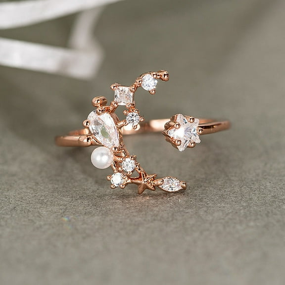Women's Fashion Copper Star Moon Pentagram Open Ring with Gold-Plated Artificial Gemstones