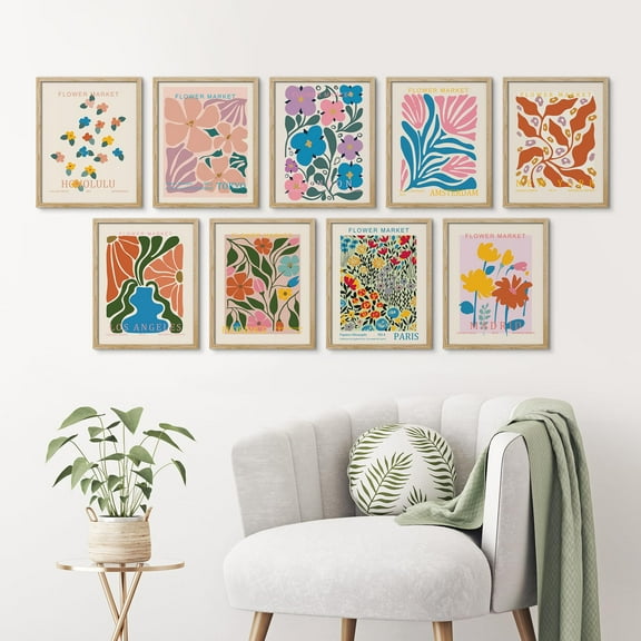 PixonSign Framed Canvas Print Wall Art Set - Calming Botanicals Elegant Floral Poster Art - Set of 9 Nature Wilderness Floral Plants Photography Wall Décor for Living Room - 12"x16" Natural