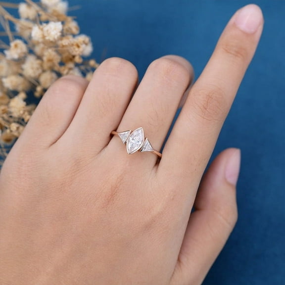 SOLITAIRE JEWELS 0.90CT Marquise and Trillion Shaped Moissanite Bezel 3 Stones Engagement Ring for Women Solid 10k Rose Gold